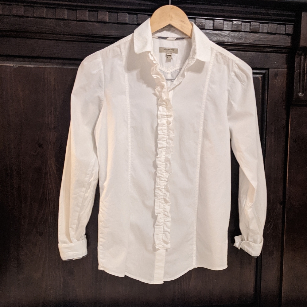 Burberry White Ruffle Button Down
